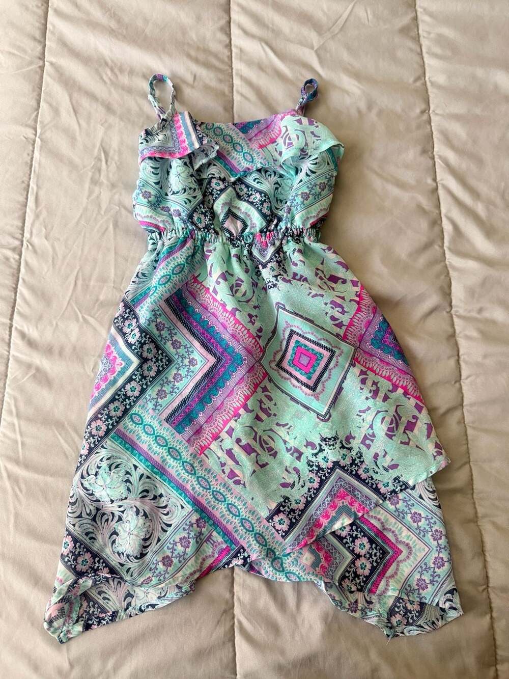 The Children's Place Dress Size XS 4 Turquoise Paisley Asymmetrical Hanky Hem
